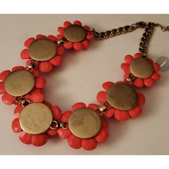 J. Crew Flower Statement Necklace Red Wood Crystal Runway Bold Massive Chunky - Picture 2 of 3